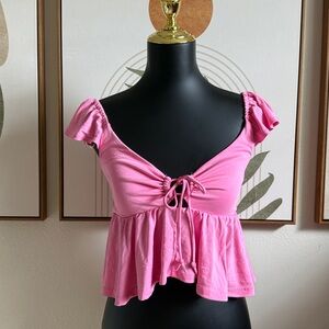 3/$10 Love Tree Vibrant Pink Off-Shoulder Cropped Ruffled Blouse